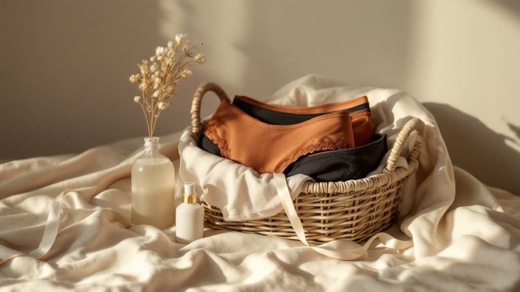 Panier en osier avec culottes pliées, filet de lavage et flacon de lessive douce