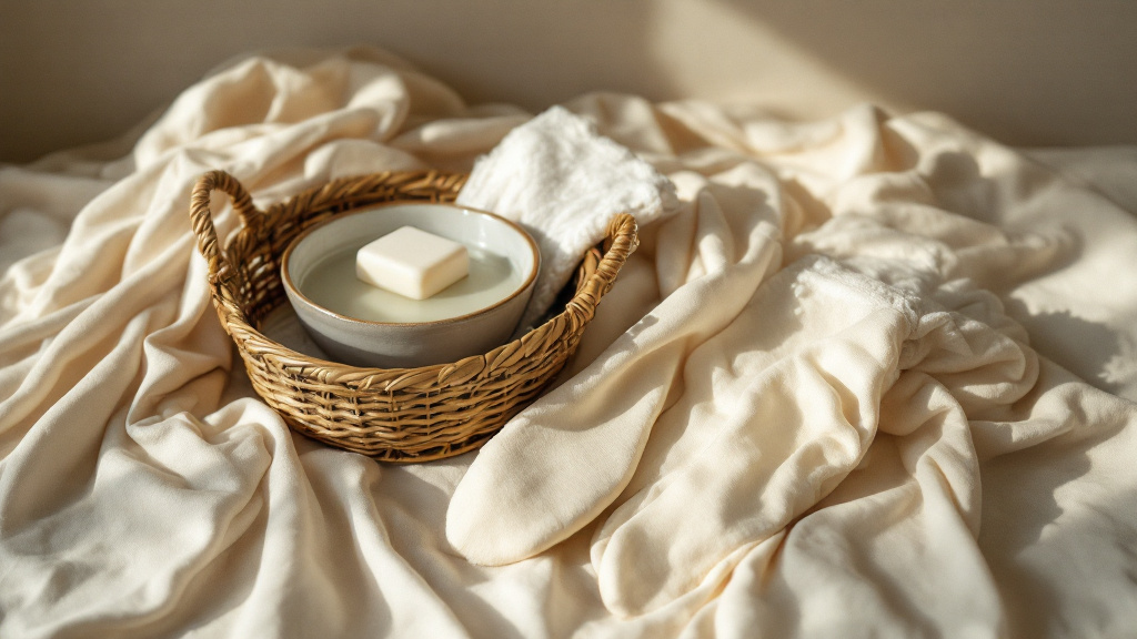 Bas en train d'être lavé à la main dans une coupelle, savon doux, coton et serviette de séchage