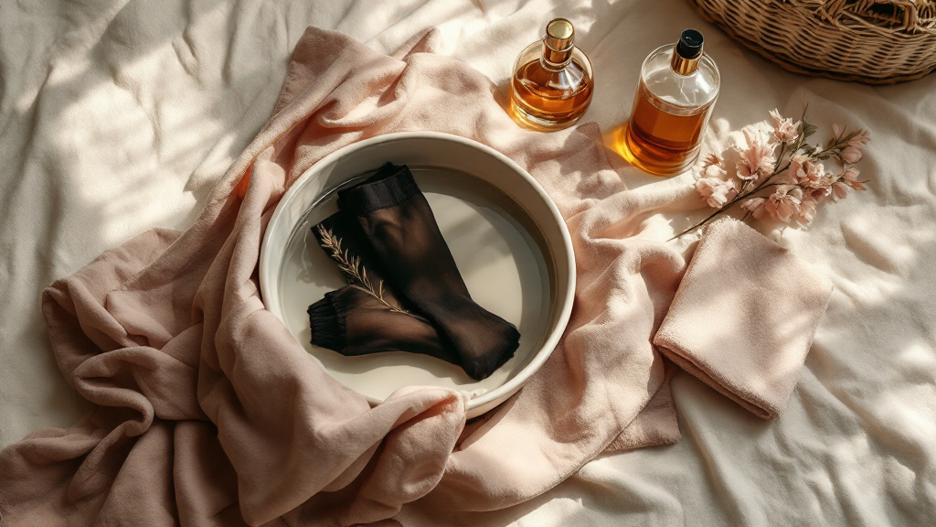 Collants qui trempent dans une vasque d'eau avec une lessive délicate et une serviette pliée