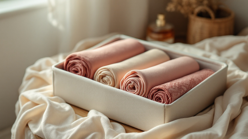 Trois collants roulés en cylindres rangés dans un organiseur en tissu, un quatrième déplié à côté