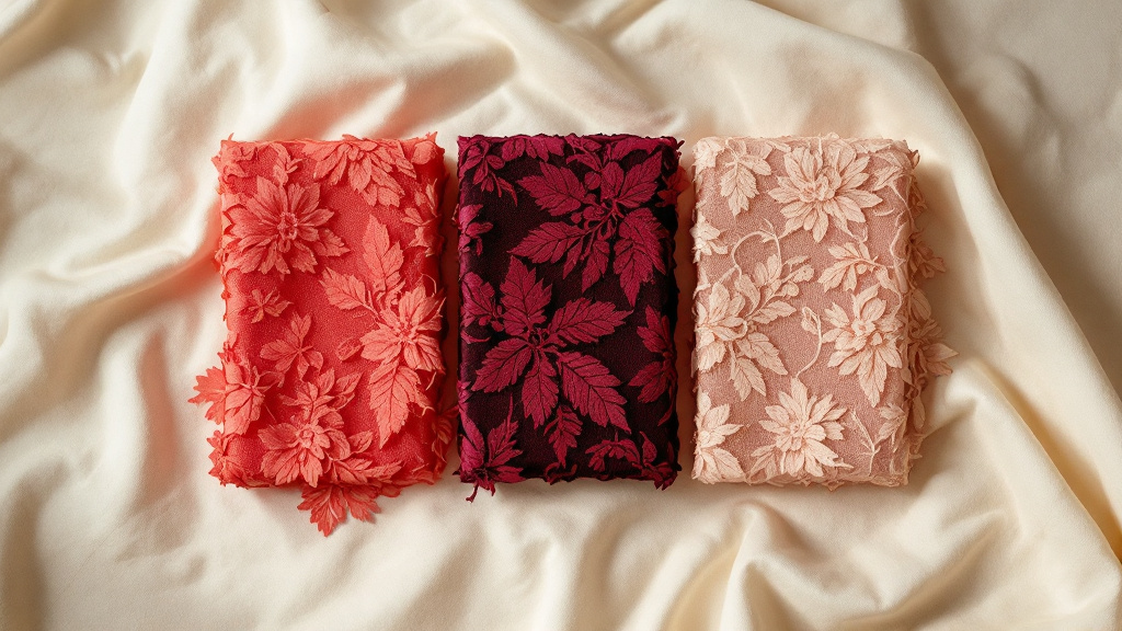 Trois échantillons de dentelle rouge, bordeaux et framboise alignés sur un tissu beige