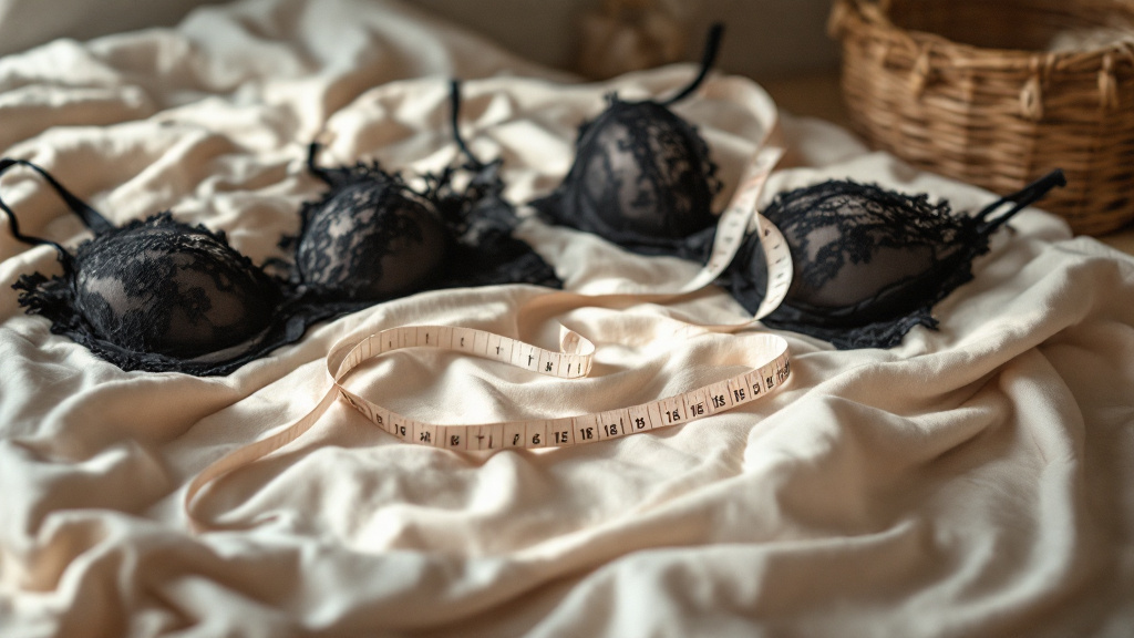 Mètre ruban souple enroulé près d'un soutien-gorge en dentelle noire agrafé, sur du linge plié