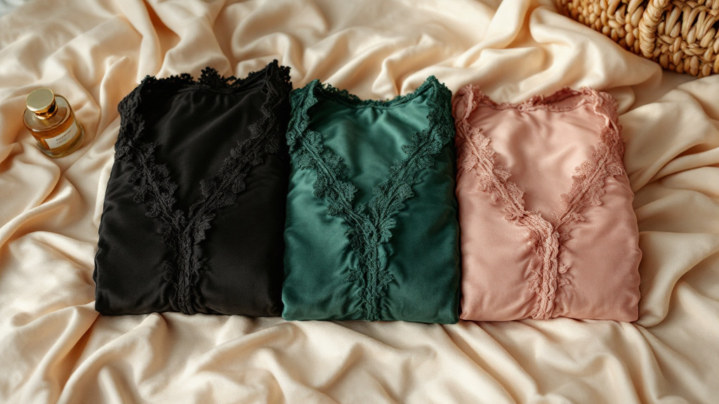 Trois pièces de lingerie en velours pliées côte à côte : noir, vert émeraude et rose poudré