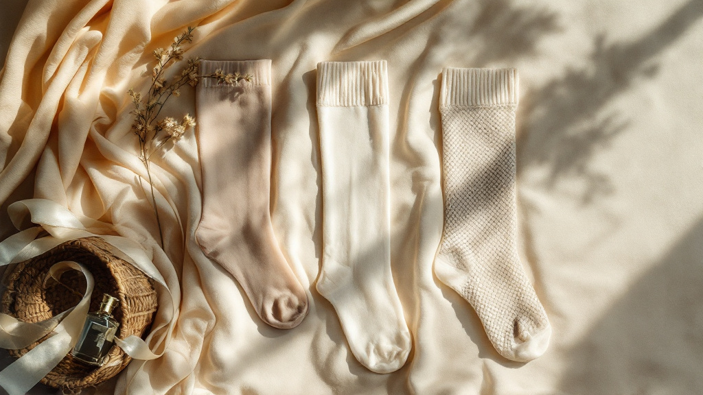 Trois bas côte à côte : un bas couture, un voile fin et une résille à grandes mailles