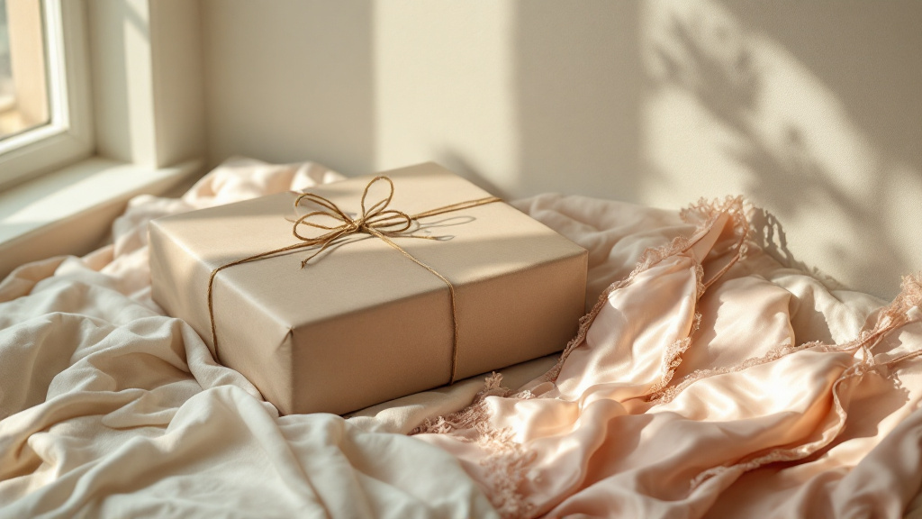 Colis en carton neutre fermé par une ficelle, à côté d'une nuisette en satin pliée dans du papier de soie