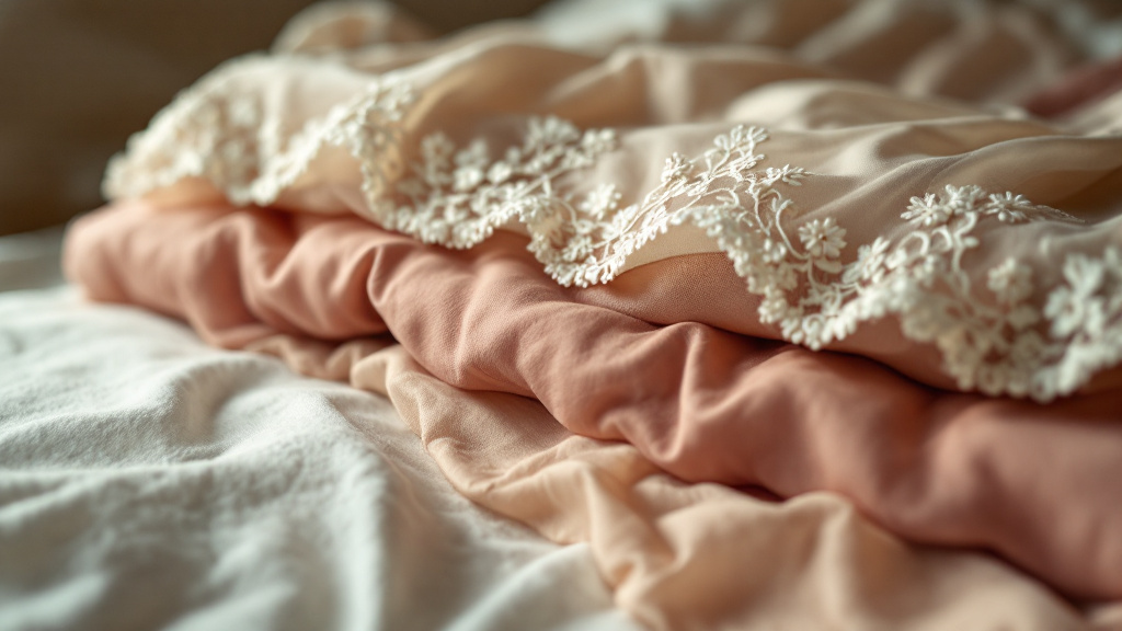 Détail de trois matières superposées : satin brillant, dentelle brodée et voile transparent