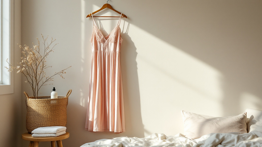 Nuisette en satin rose suspendue à un cintre, filet de lavage et lessive liquide dans un panier