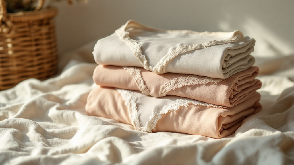 Trois strings pliés montrant coton, microfibre et dentelle, posés près d'un panier en osier